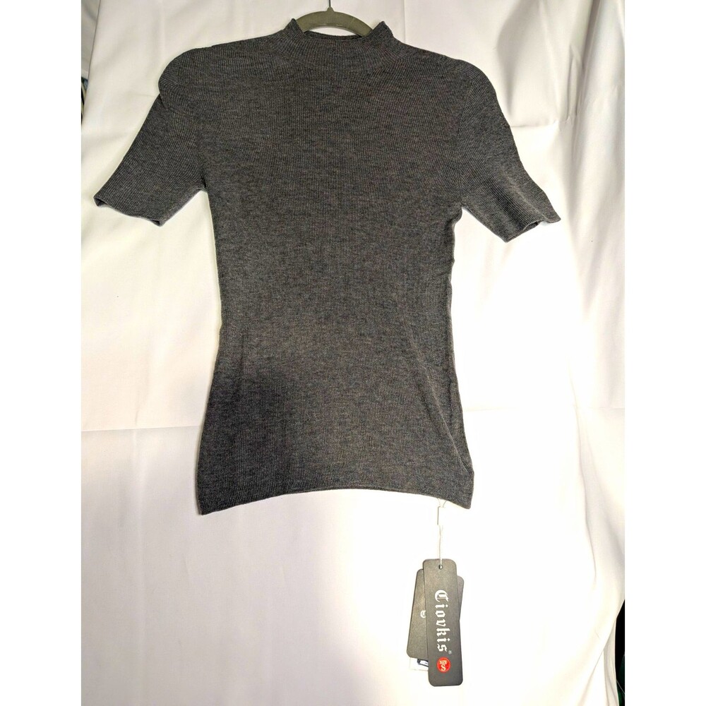 Ciovkis Women’s Gray Ribbed Knit Mock Neck Short Sleeve Slim Top Size S